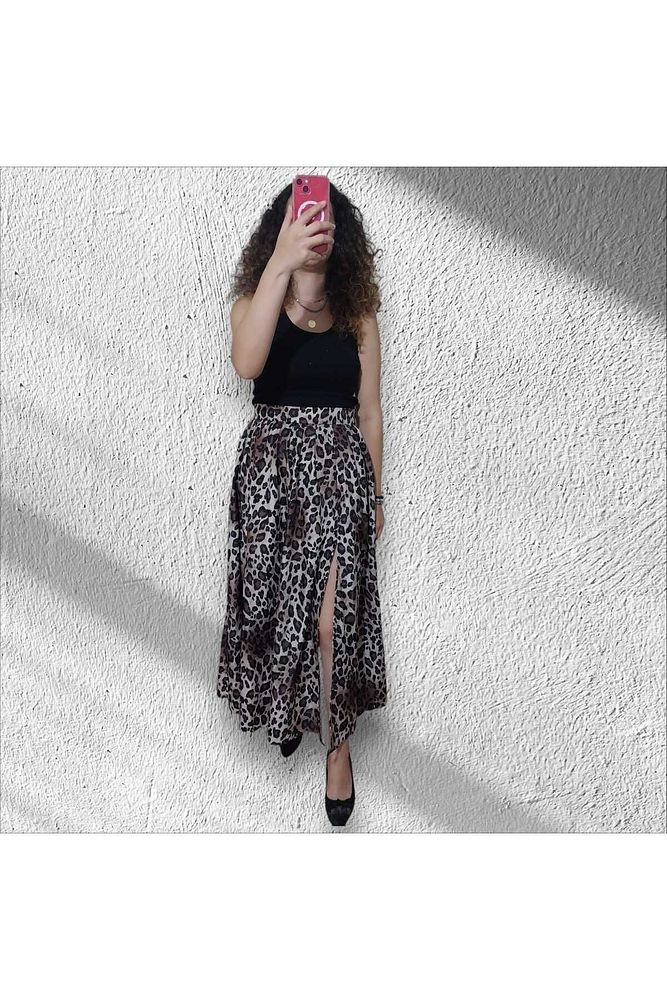 Dolunay Modeli Yırtmaçlı Leopar Etek