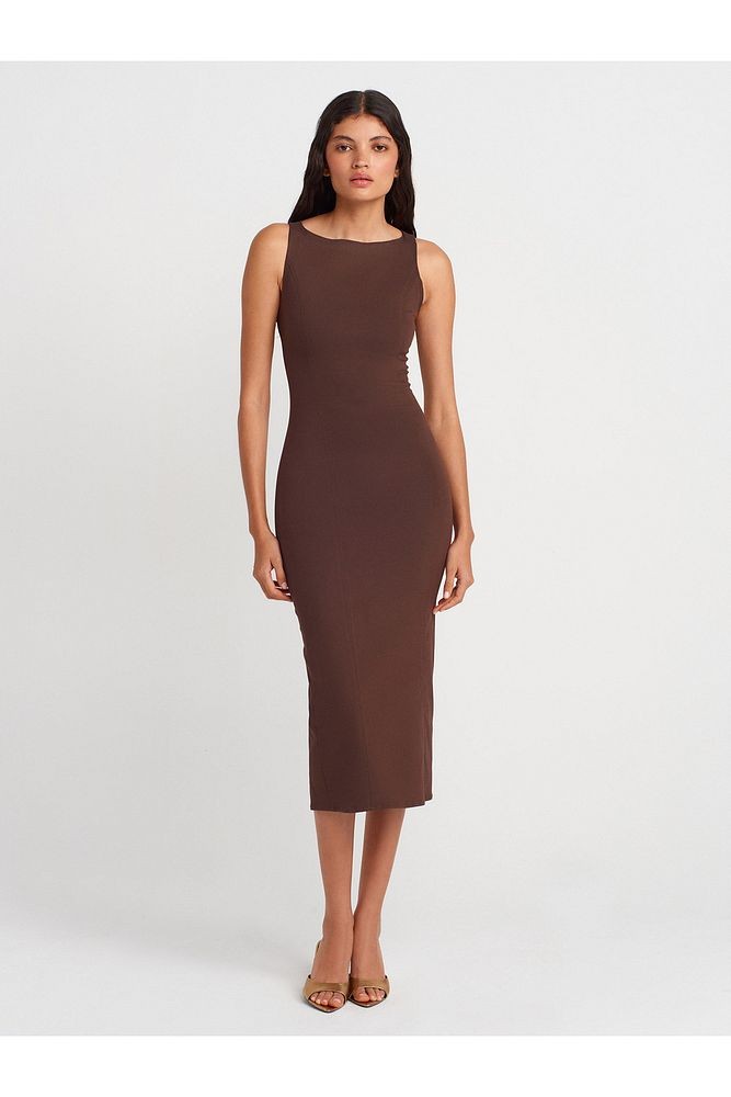 91099 Vücuda Oturan Midi Elbise-Kahve