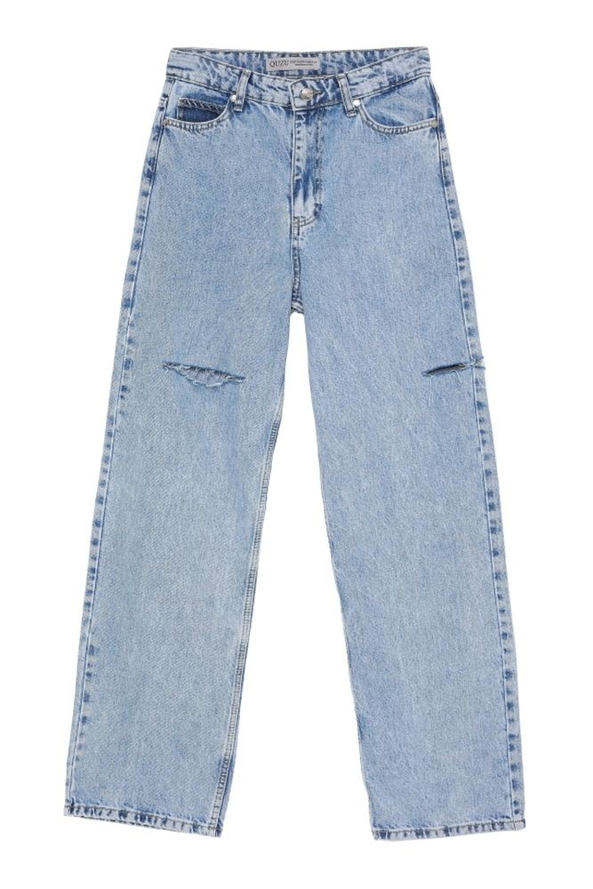 Yırtık Detaylı Bol Paça Denim Pantolon Mavi