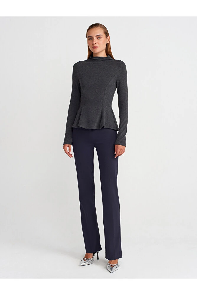 32038 Uzun Kollu Peplum Top-Antrasit M