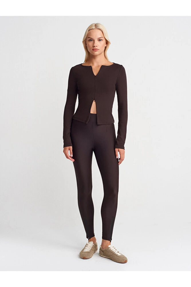 7934 Fermuar Detaylı Tayt-Bordo - Koyu Kahve