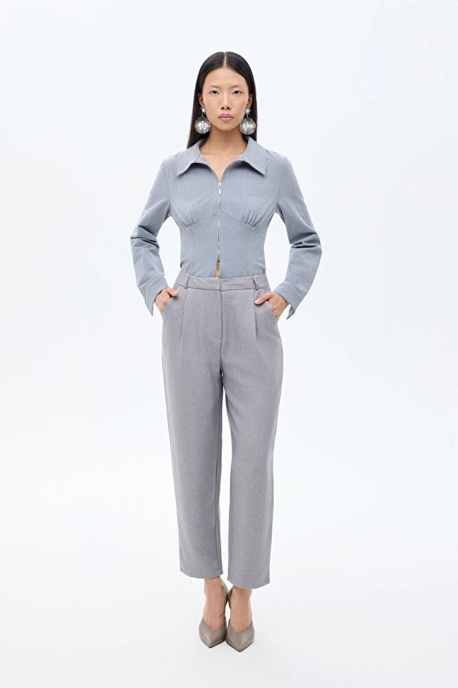 Yüksek Bel Pileli Havuç Pantolon Gri