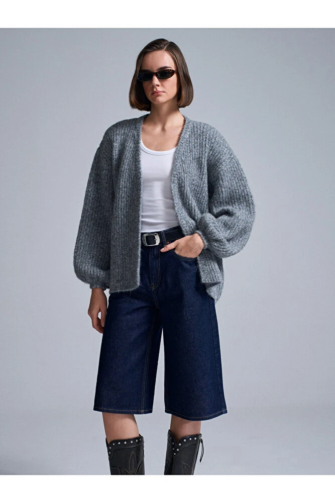 60991 Yumuşak Dokulu Dökümlü Triko Hırka-Füme M. - Füme M.