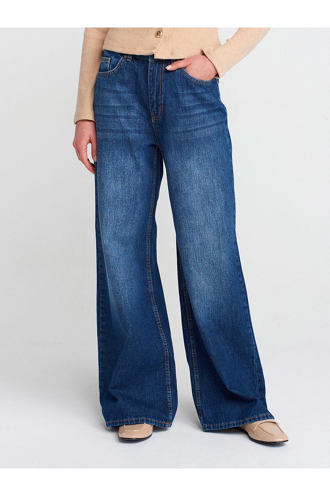 71784 Dökümlü Kumaş Geniş Denim Pantolon-Lacivert