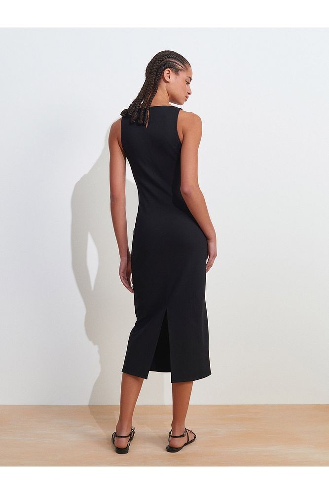 91099 Vücuda Oturan Midi Elbise-Kahve