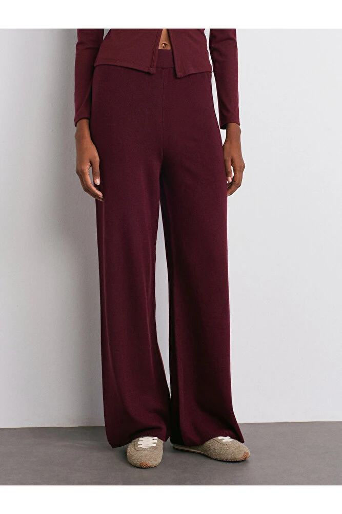70163 Beli Lastikli Yünlü Triko Pantolon-Bordo M.