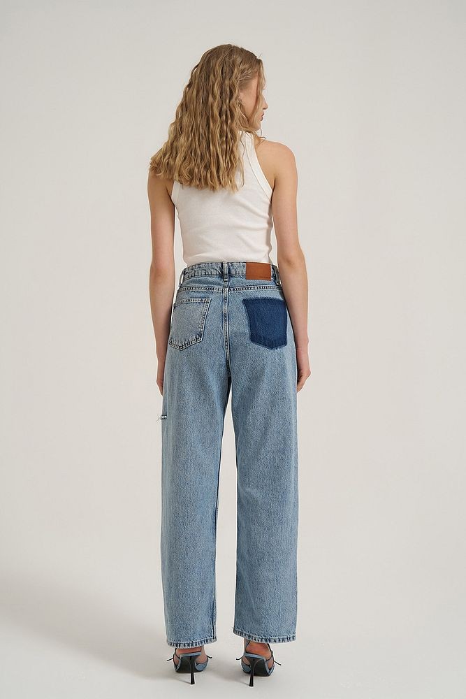 Yırtık Detaylı Bol Paça Denim Pantolon Mavi