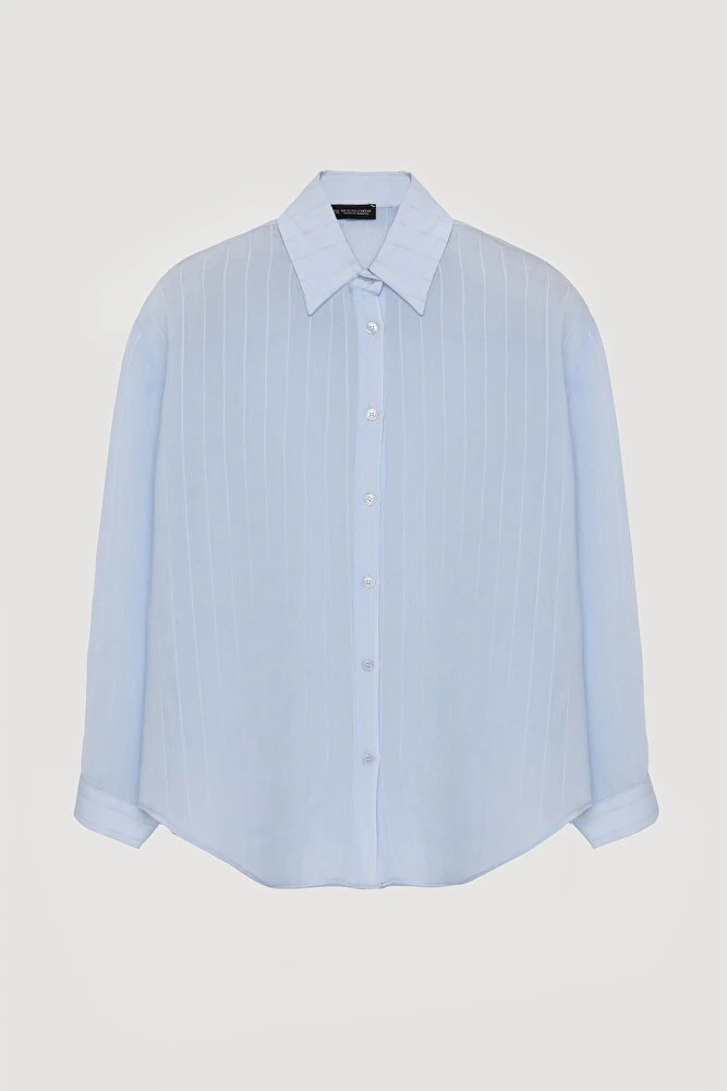 İnce Çizgili Düğmeli Oversize Gömlek - Mavi