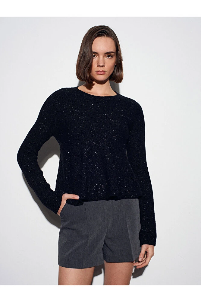 10832 Peplum Parıltılı Triko Kazak-Siyah