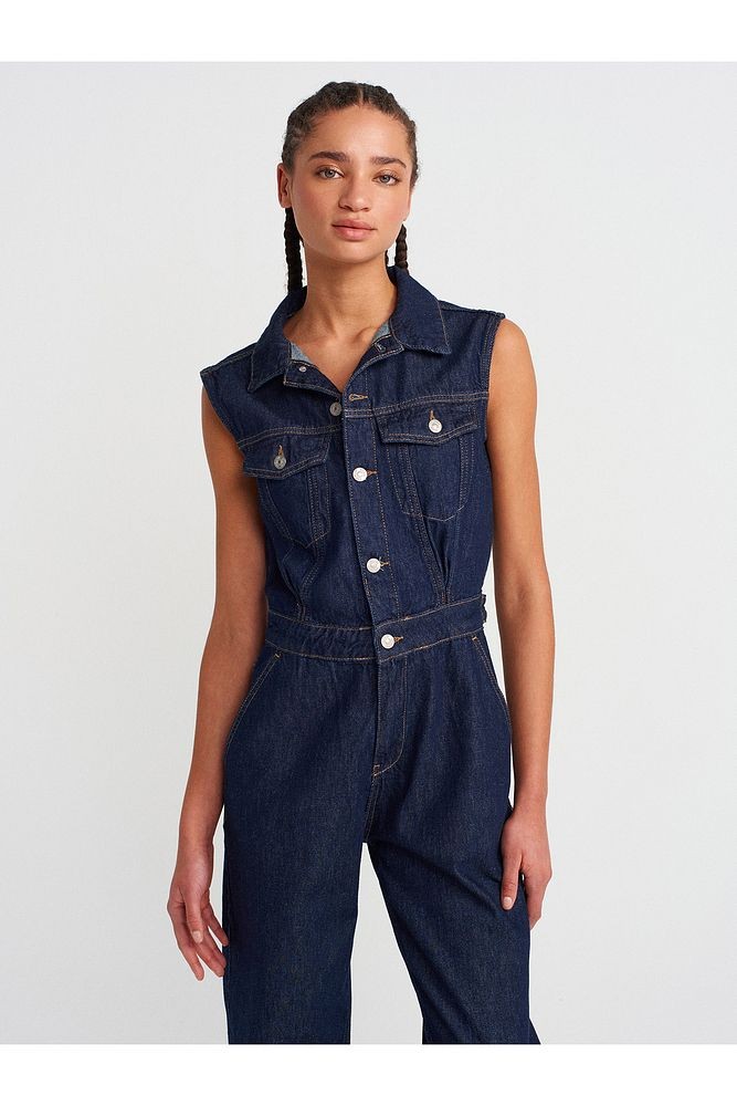 71804 Kolsuz Uzun Denim Tulum-Lacivert