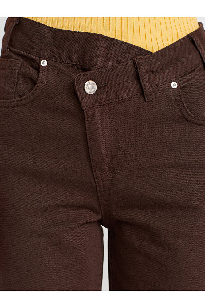 71991 Asimetrik Pamuklu Denim Pantolon-Kahve
