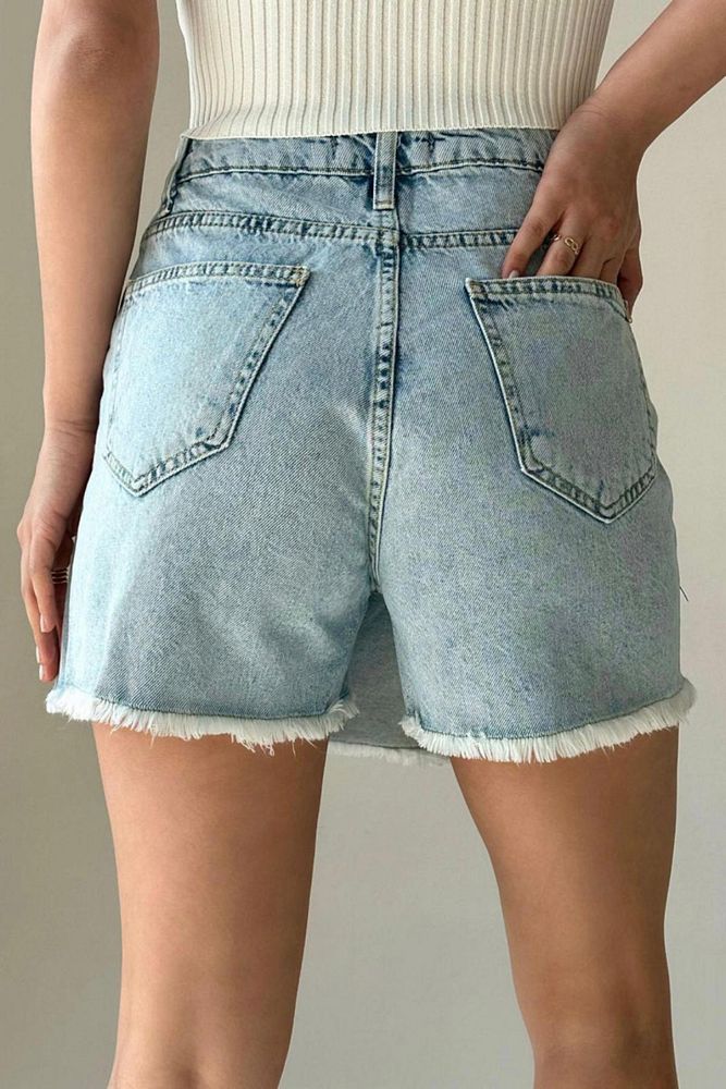 Kadın Mavi Çift Düğmeli Kısa Kot Şort Etek