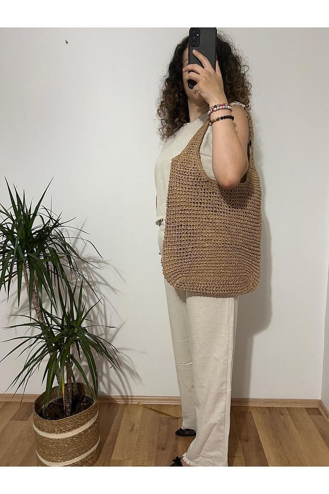 Hasır Çanta Camel Renk Büyük Astarı Fermuarlı