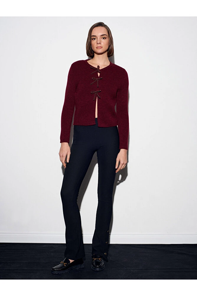 60983 Fiyonk Detaylı Triko Hırka-Açık Bordo