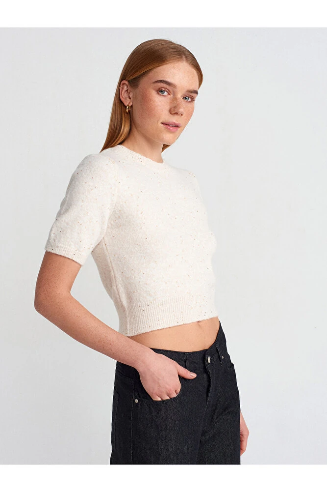 10703 Bisiklet Yaka Pullu Simli Triko Kazak-Bej