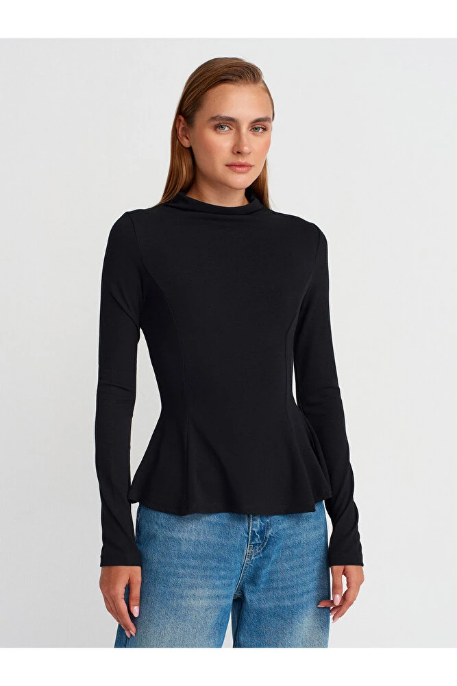 32038 Uzun Kollu Peplum Top-Antrasit M - Siyah