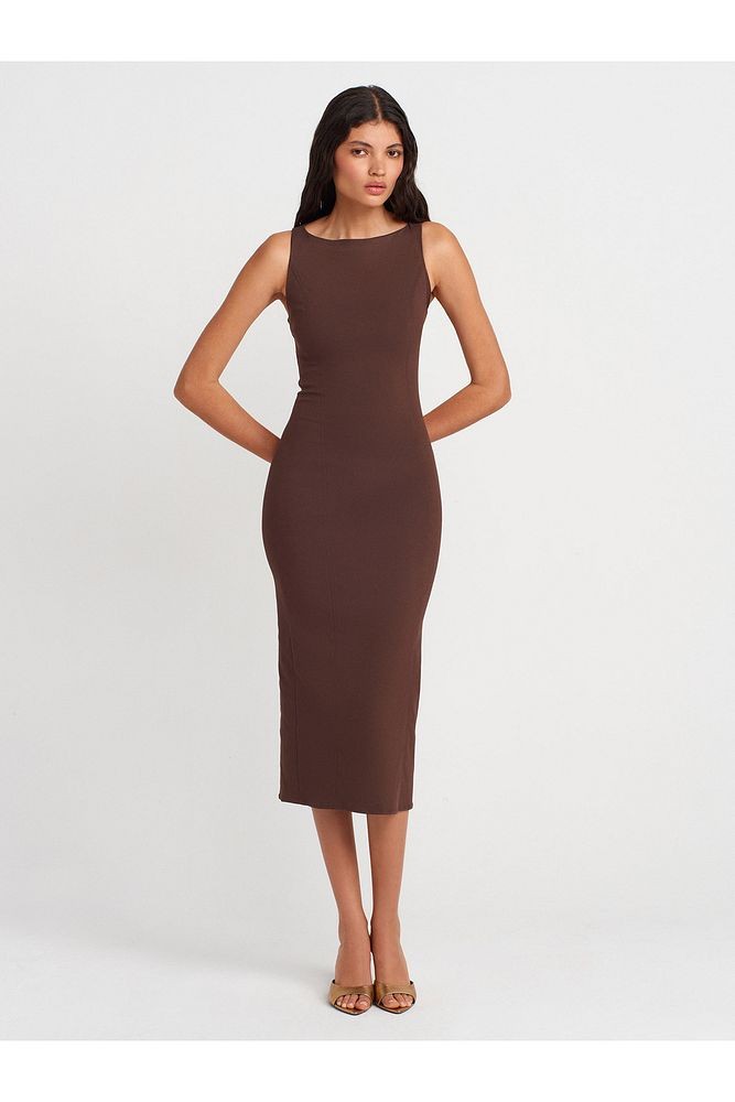 91099 Vücuda Oturan Midi Elbise-Kahve