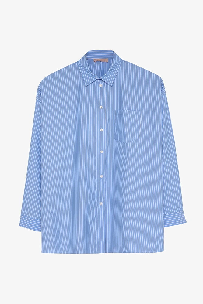 Sırtı Yazı Baskılı Oversize Çizgili Gömlek Mavi