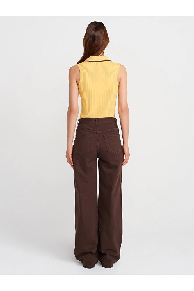 71991 Asimetrik Pamuklu Denim Pantolon-Kahve