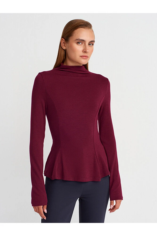 32038 Uzun Kollu Peplum Top-Antrasit M - Bordo