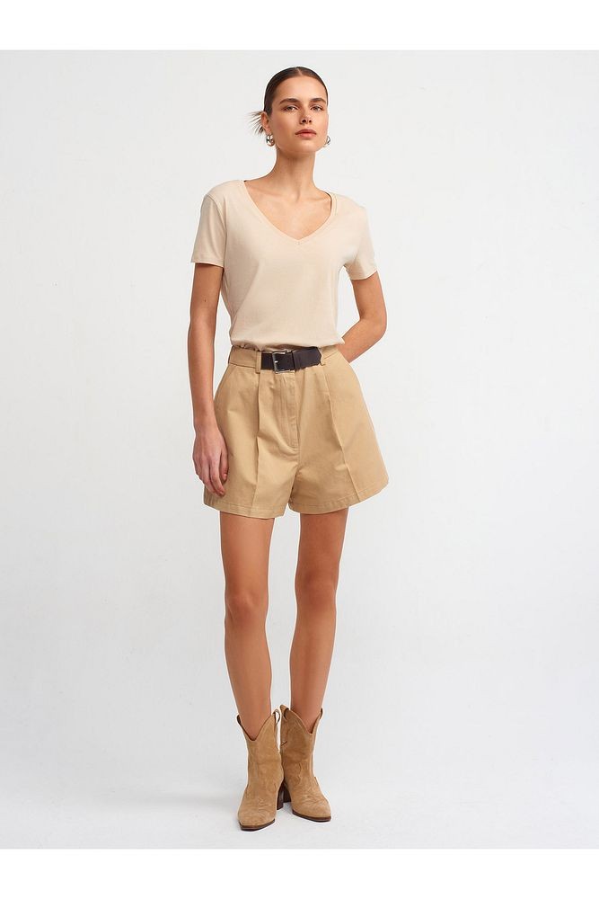 3470 V Yaka Basic T-Shirt-Açık Bej