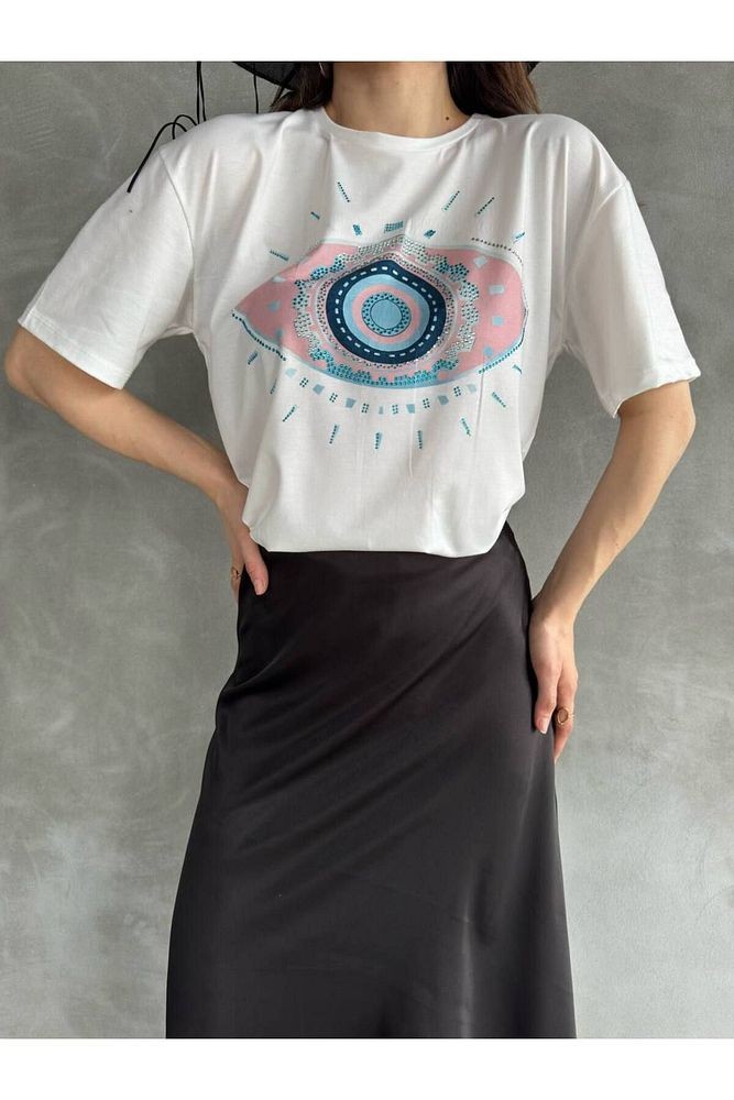 Göz Baskılı 1.Kalite Pamuklu Rahat Kalıp T-Shirt