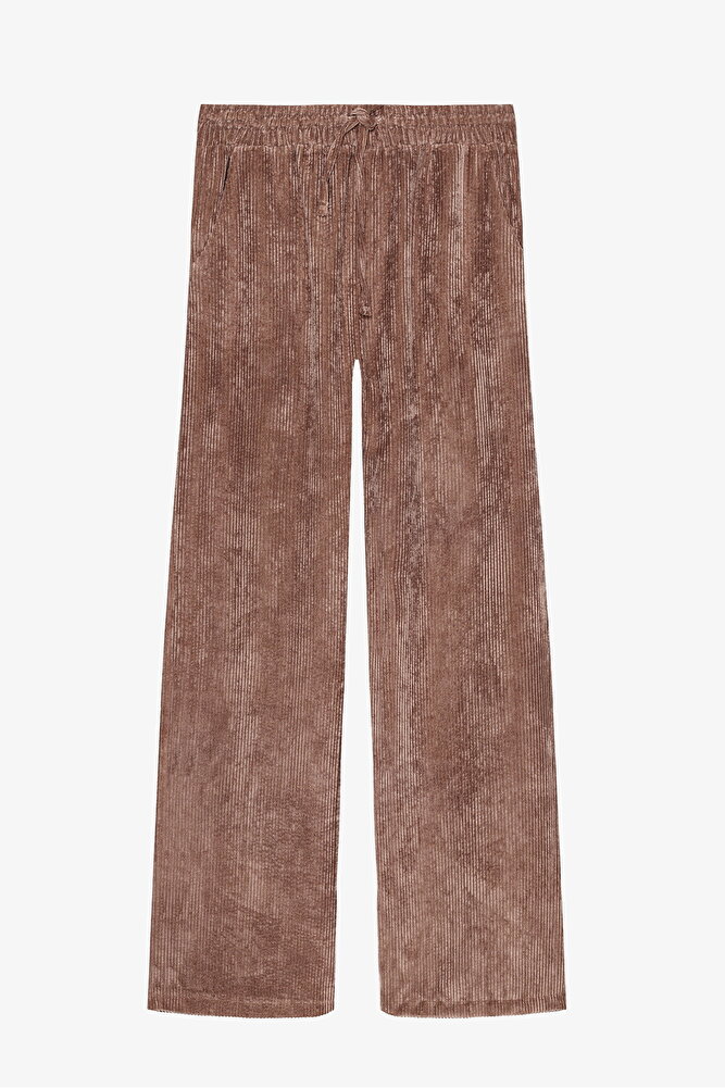 Bol paça kadife kumaş beli lastikli pantolon - Vizon