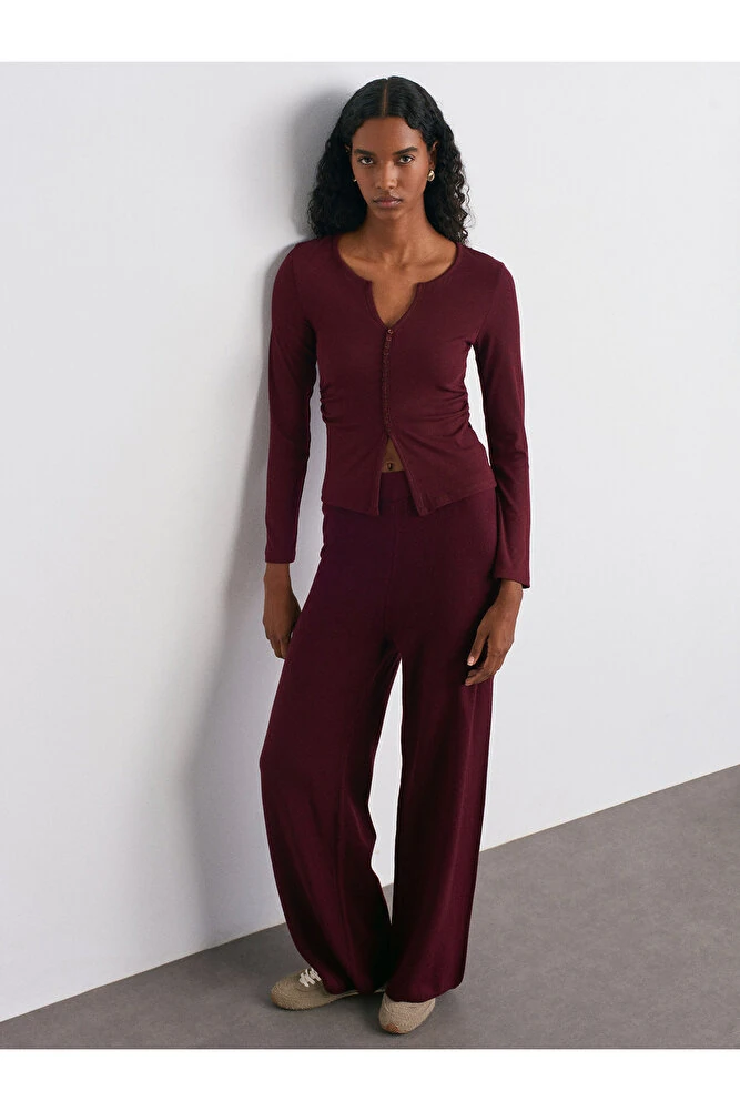 70163 Beli Lastikli Yünlü Triko Pantolon-Bordo M.