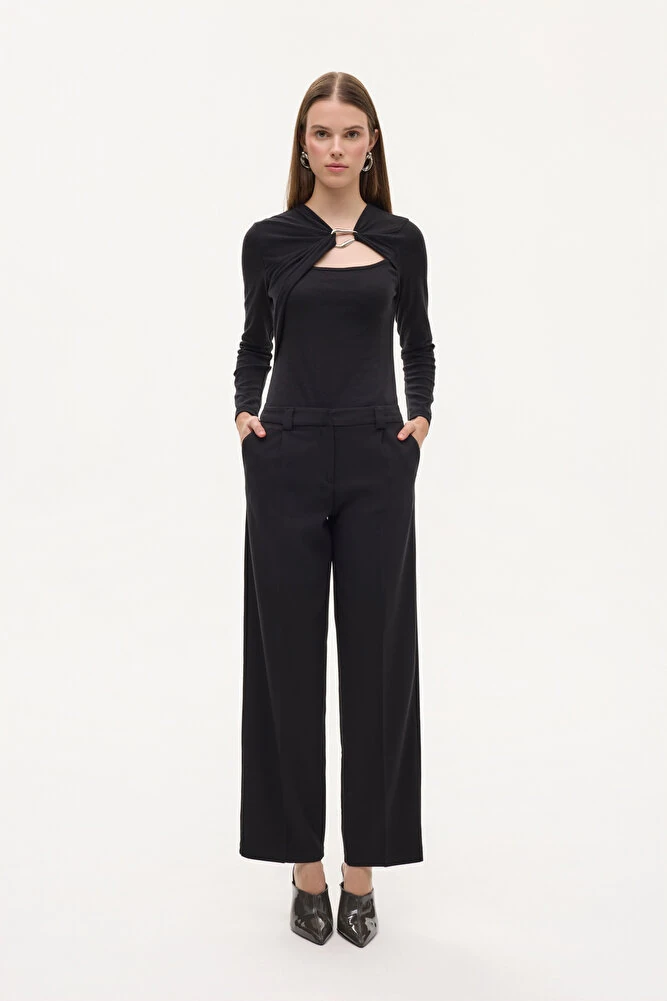 Pile Detaylı Normal Bel Havuç Pantolon Siyah - Siyah