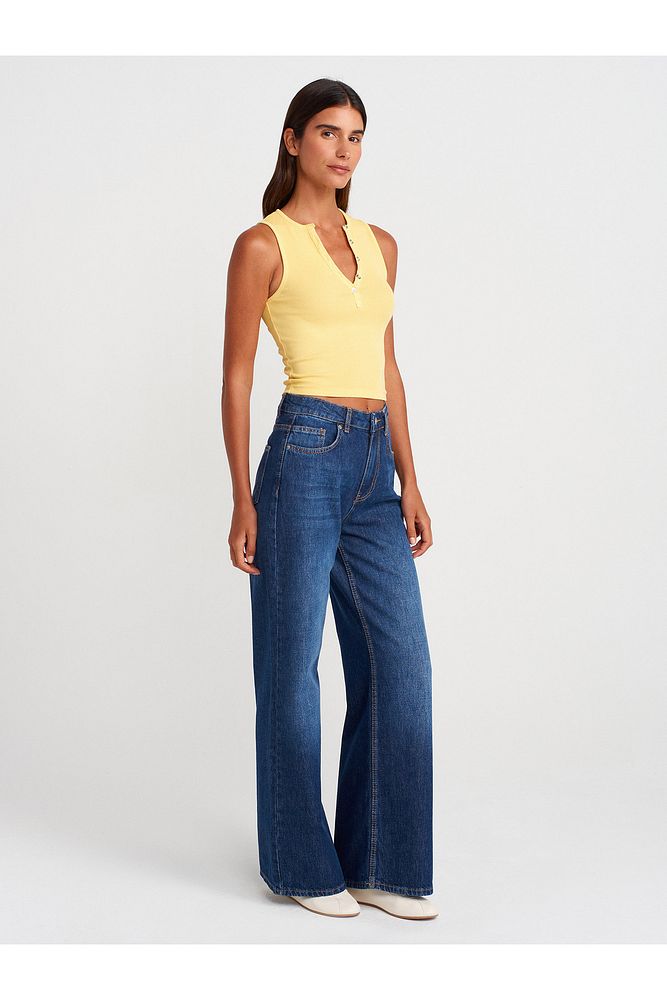 21005 Yıkama Efetkli Crop Top-Mavi