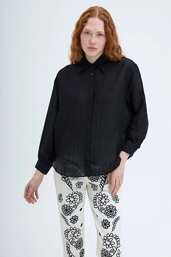 İnce Çizgili Düğmeli Oversize Gömlek - Siyah