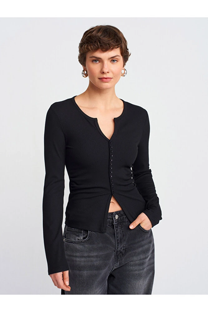 31548 Düğme Detaylı Büzgülü Top-Çağla - Siyah