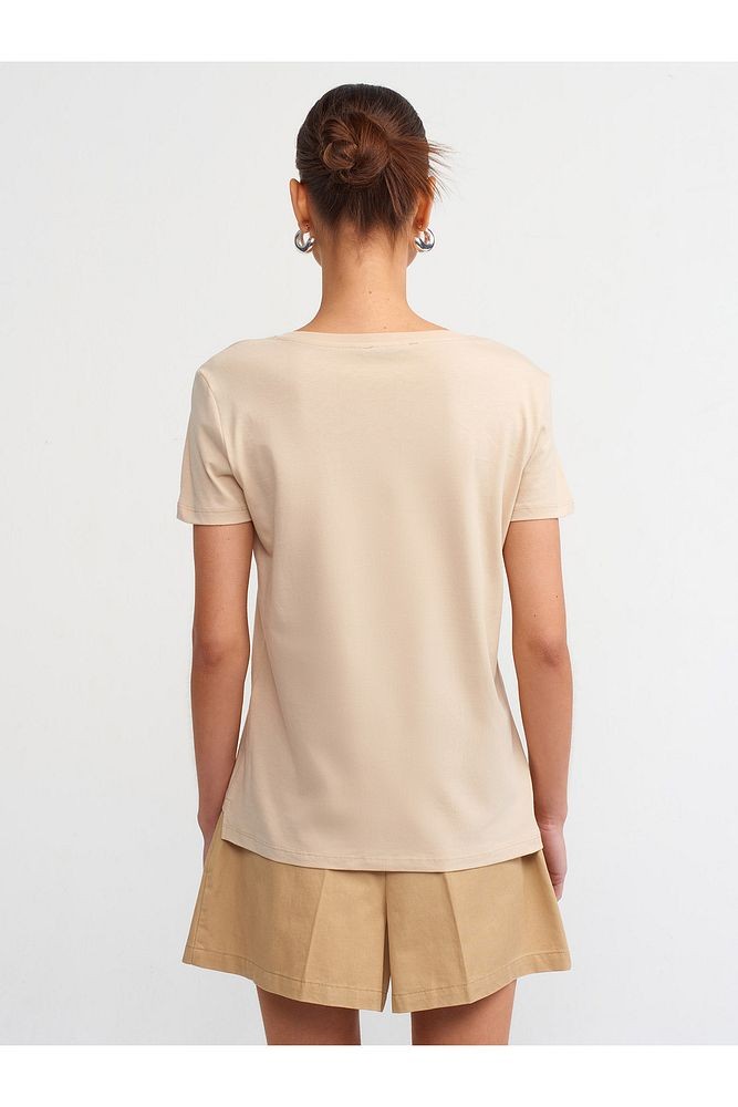 3470 V Yaka Basic T-Shirt-Açık Bej