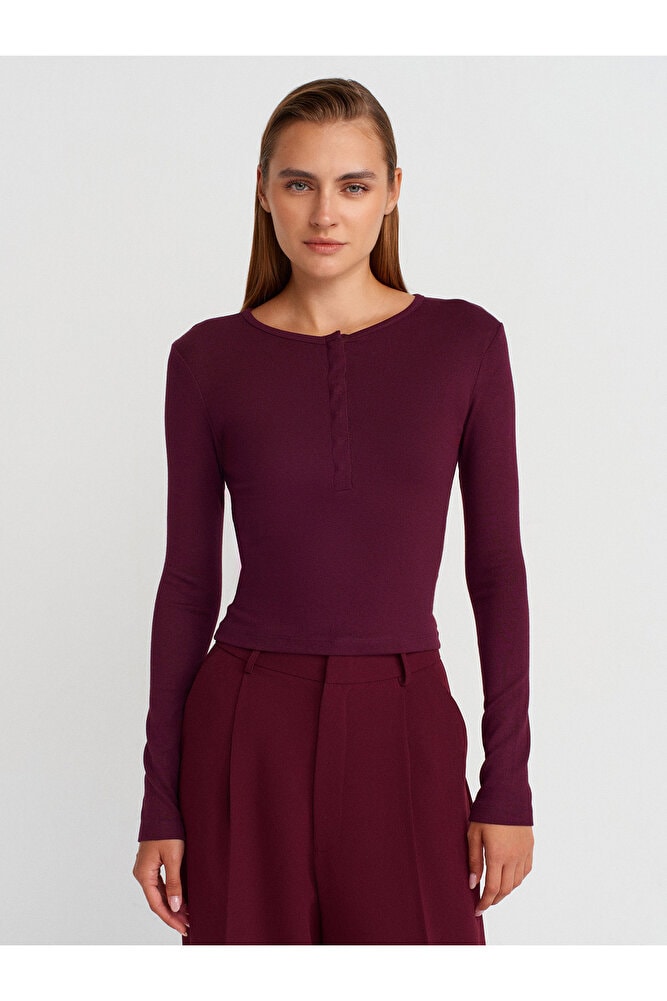 31442 Uzun Kollu Çıtçıt Düğmeli Top-Bordo