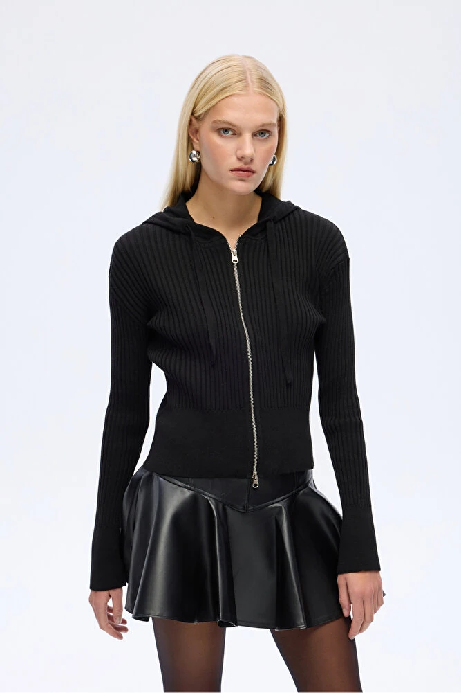 Fermuarlı Kapüşonlu Triko Hırka Ekru - Siyah