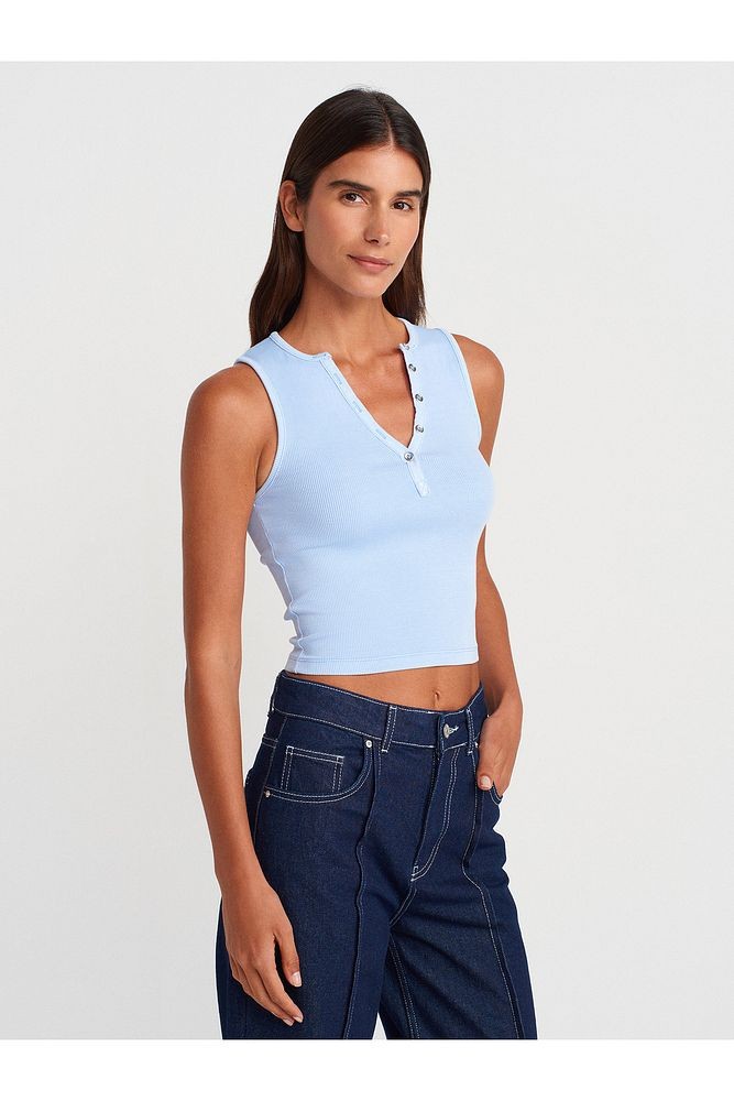 21005 Yıkama Efetkli Crop Top-Mavi