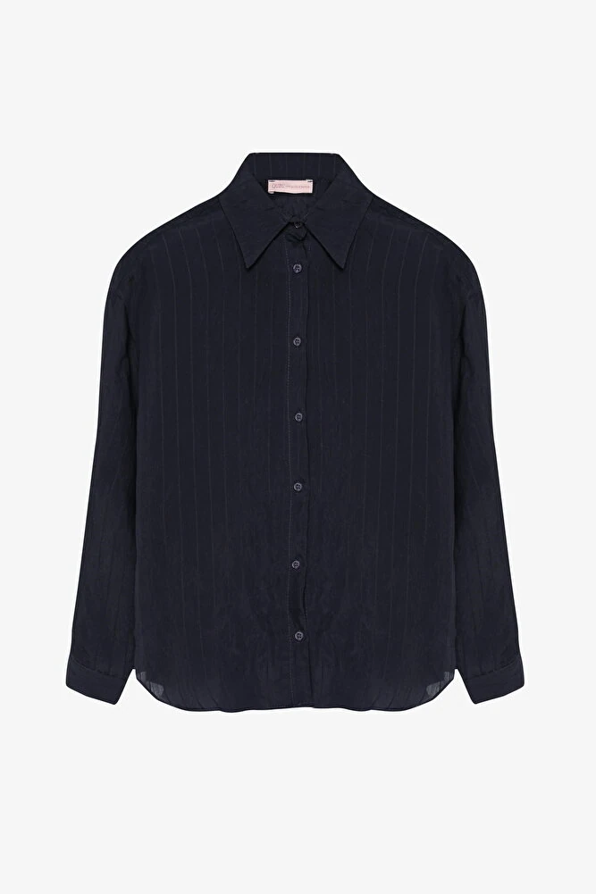 İnce Çizgili Düğmeli Oversize Gömlek - Lacivert