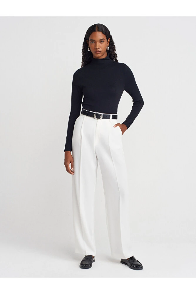 10714 Dik Yaka Yünlü Yumuşak İnce Dokulu Triko Kazak-Yağ Yeşil