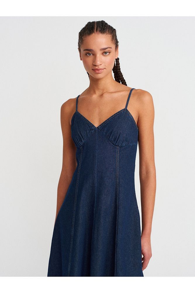 90549 Askılı Denim Midi Elbise-Lacivert