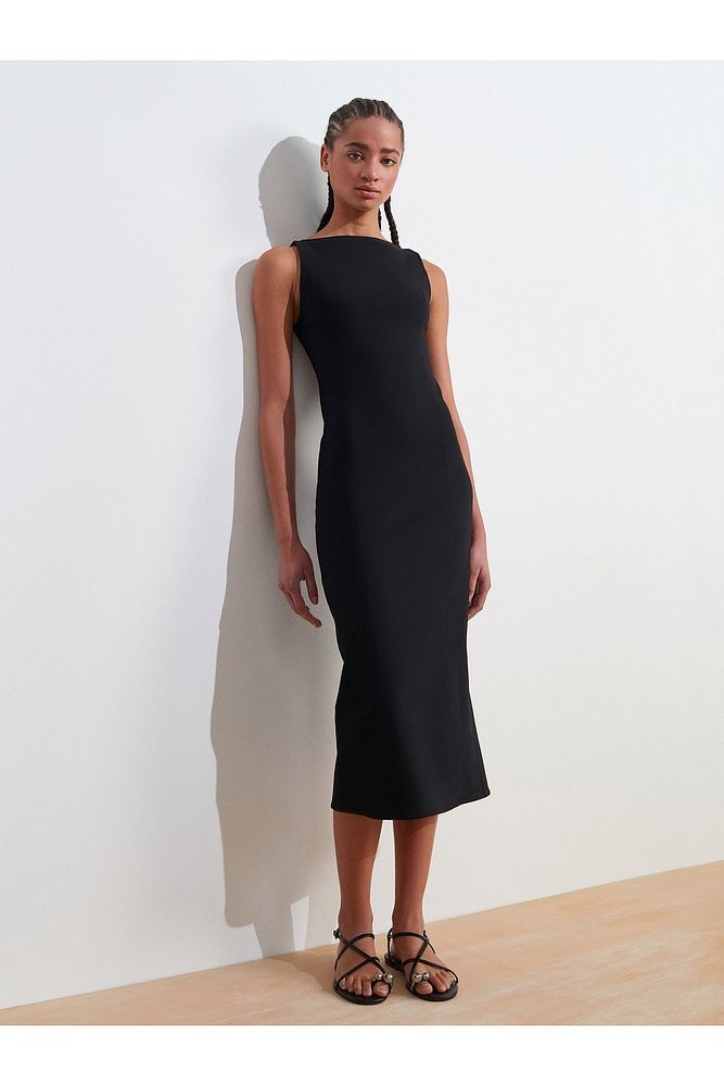 91099 Vücuda Oturan Midi Elbise-Kahve