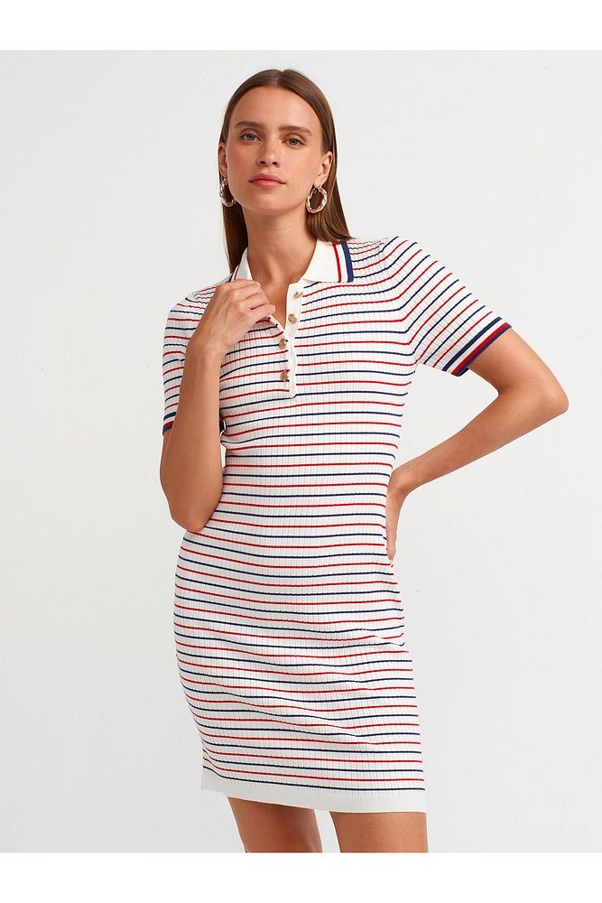 90218 Polo Yaka Çizgili Triko Elbise-Ekru