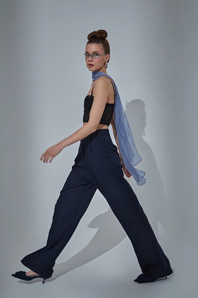 Bol Paça Palazzo Kumaş Pantolon Antrasit - Lacivert