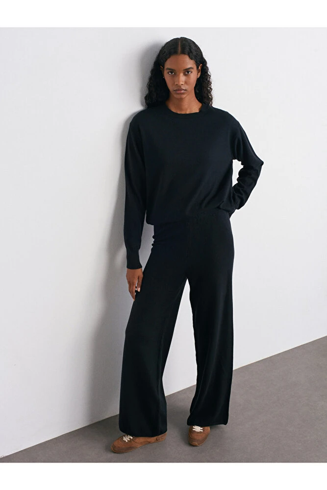 70163 Beli Lastikli Yünlü Triko Pantolon-Bordo M. - Siyah