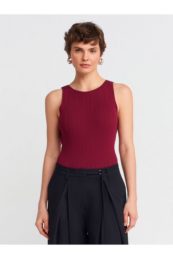 10726 Kayık Yaka Fitilli Triko Bluz-Bordo