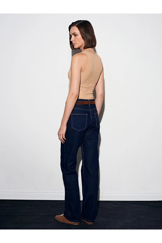72087 Kemerli Dikiş Detaylı Jean-Lacivert