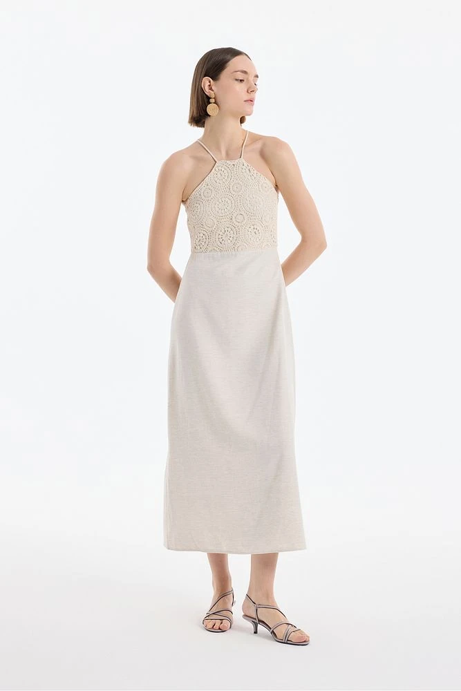 Halter Yaka Dantelli Uzun Elbise Naturel