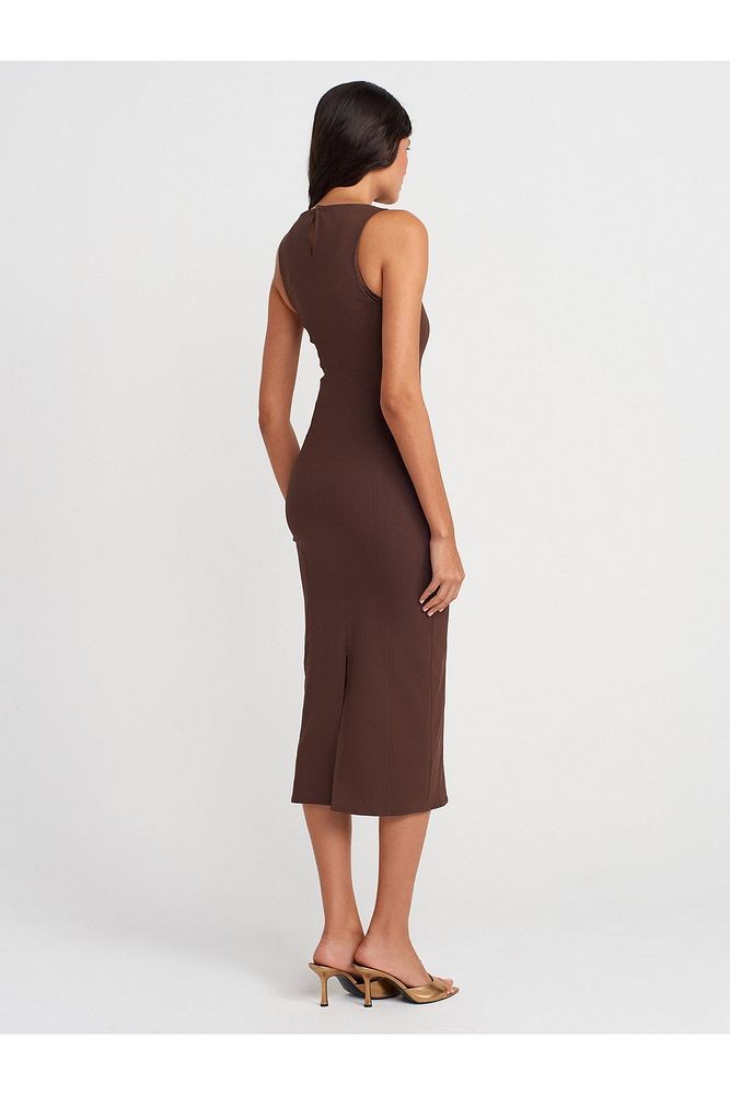 91099 Vücuda Oturan Midi Elbise-Kahve