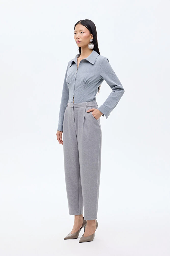 Yüksek Bel Pileli Havuç Pantolon Gri