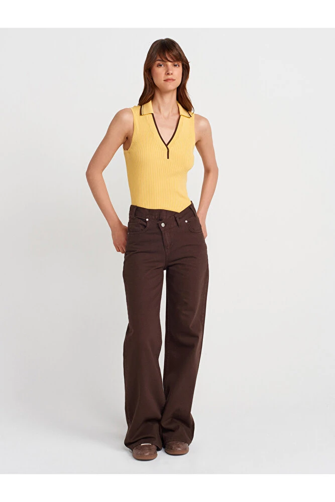 71991 Asimetrik Pamuklu Denim Pantolon-Kahve