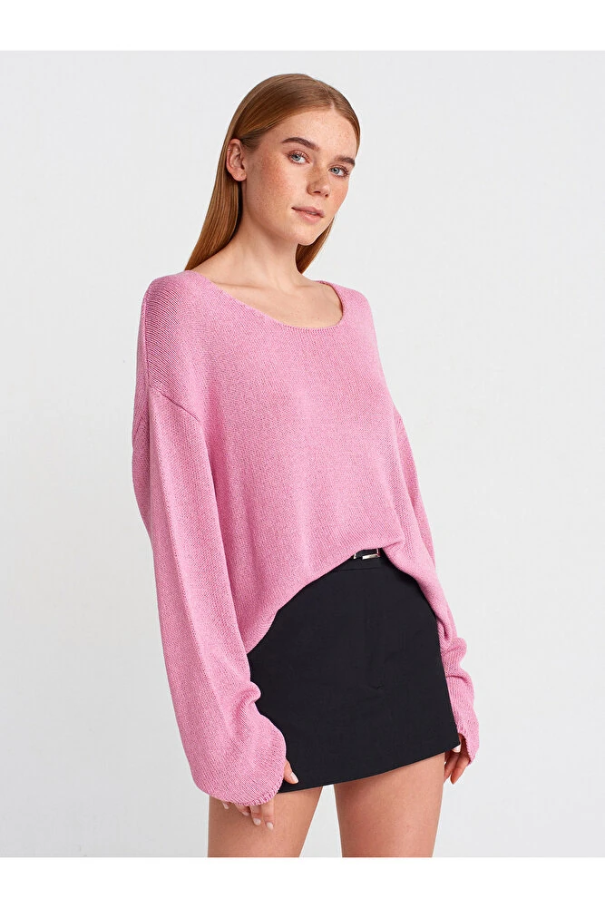 10706 Oval Yaka Dökümlü Kazak-Koyu Bordo - Pembe